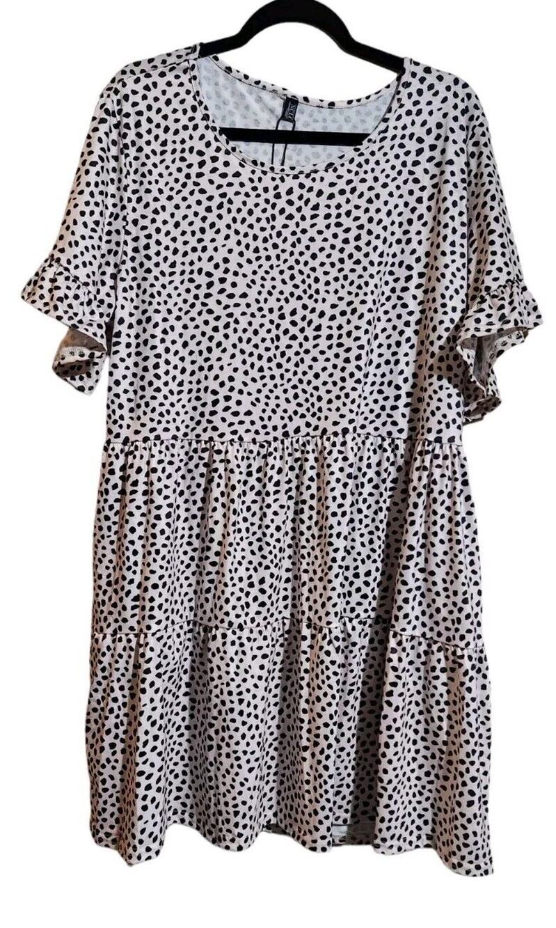 NCLOOK Womans Babydoll Loose Ruffle Dress Crewneck Khaki Spots Plus Size 3XL New
